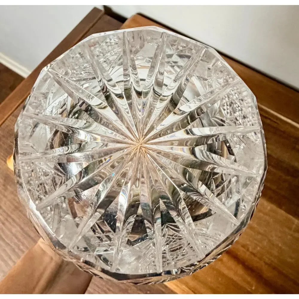 Vintage Hand Cut Crystal Vase, American Brilliant Hobstar Fan Pattern